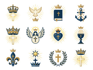 Obraz premium A collection of twelve religious Christian heraldic emblems featuring crosses crowns and sacred symbols.