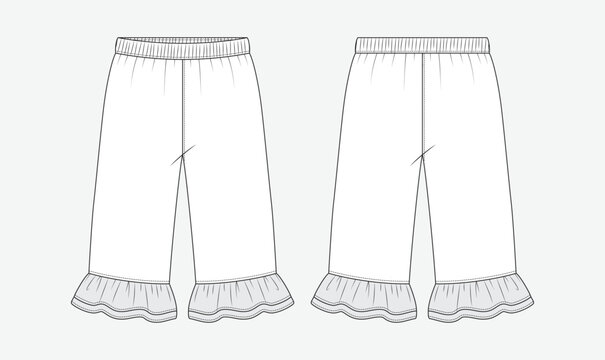 Girls Wide Leg Ruffle Pants Fashion Technical flat sketch front and back view kids ruffle Pants editable vector