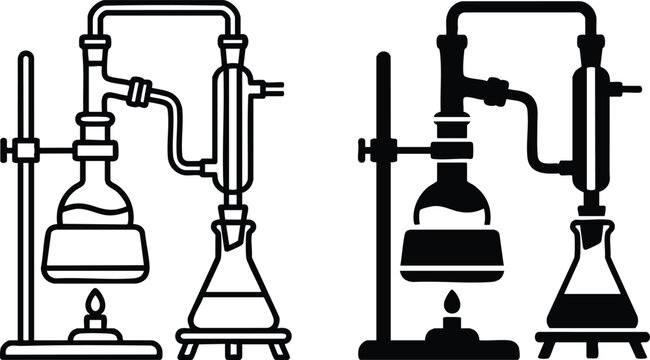 Scientific laboratory distillation apparatus icon showing experiment glassware setup with retort stand and burner