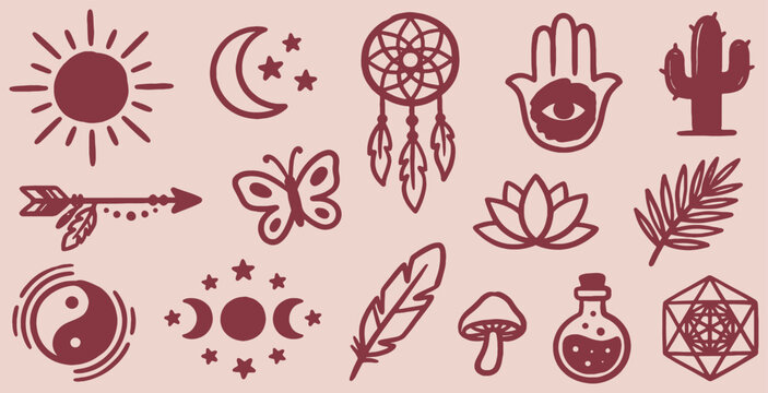 Collection of mystical and bohemian symbols including a sun, moon, dreamcatcher, hamsa hand, and cactus.