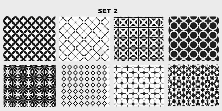 Geometric seamless patterns black and white vector illustrations