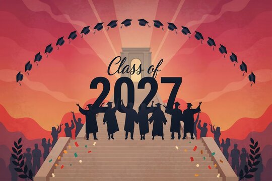Class of 2027 Graduates Celebrating on Campus Steps with Flying Caps, Vibrant Academic Achievement Illustration