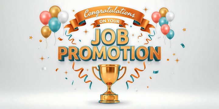 Job Promotion Congratulations with Golden Trophy and Balloons, Festive 3D Career Achievement Celebration Design