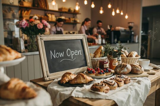 Now Open Chalkboard Sign with Fresh Bread and Pastries in Cozy Artisan Bakery, Small Business Launch Promotion