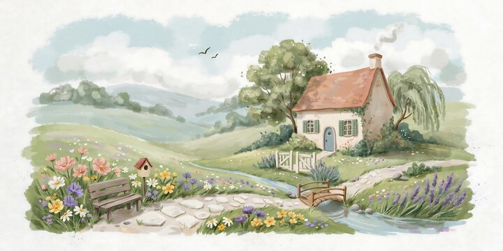 Watercolor Country Cottage with Wildflower Garden and Stream, Peaceful Rural Landscape Illustration for Home Decor