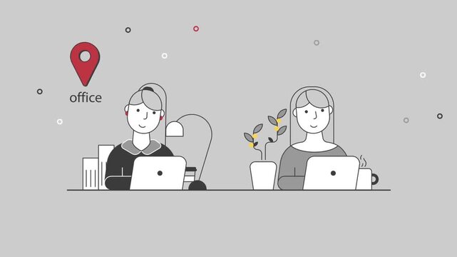 Freelancer Employee Remote Work Concept Splitting Screen Between Office and Home Workspace 2D Animation.