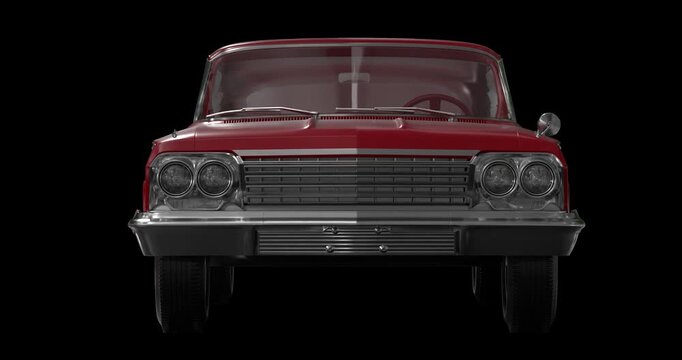 Red classic car speeding toward the camera in a seamless front view loop. Includes 4K resolution with alpha channel.