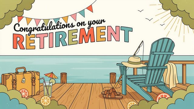 Retirement Congratulations Illustration with Seaside Chair and Travel Suitcase, Relaxing Lifestyle Celebration Banner