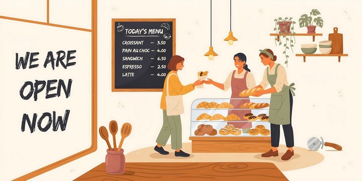 Bakery Now Open Illustration with Staff Serving Fresh Bread and Pastries, Small Business Promotion Banner