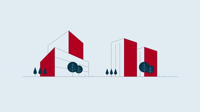 Modern Corporate Office Headquarters Buildings Block Graphic Exterior Real Estate 2D Animation.