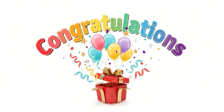 Congratulations Typography with Colorful Balloons and Open Gift Box, Festive 3D Celebration Design
