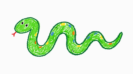 Naklejka premium Hand drawn crayon illustration of a green slithering snake with colorful spots