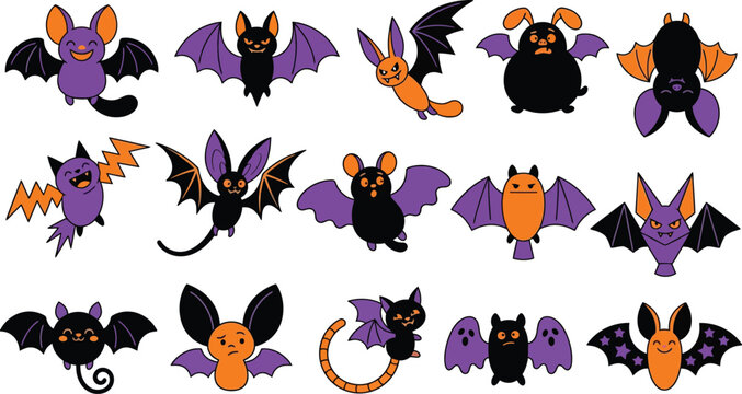 Cute cartoon bat characters collection for halloween designs and party decorations