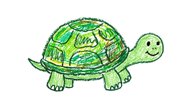 Cute crayon drawing of a smiling green turtle, hand-drawn tortoise sketch isolated on white