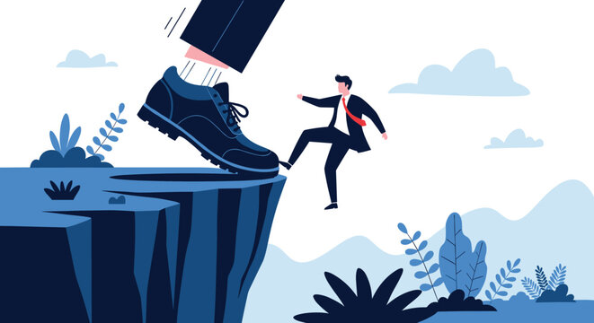 Giant shoe kicks a businessman off a steep cliff into the abyss representing failure, career termination, or bankruptcy.