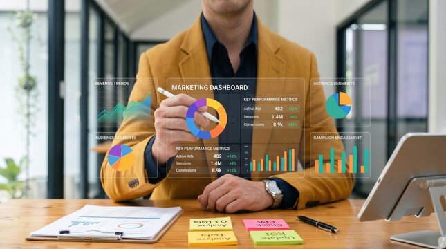 Marketing professional analyzing revenue trends and audience segments on holographic dashboard with charts and key performance metrics in office.