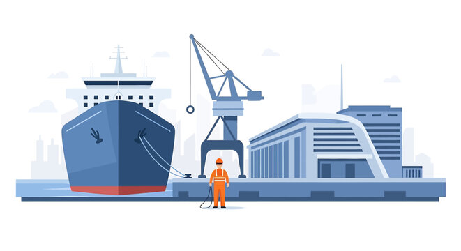 Man in orange uniform standing beside ship.