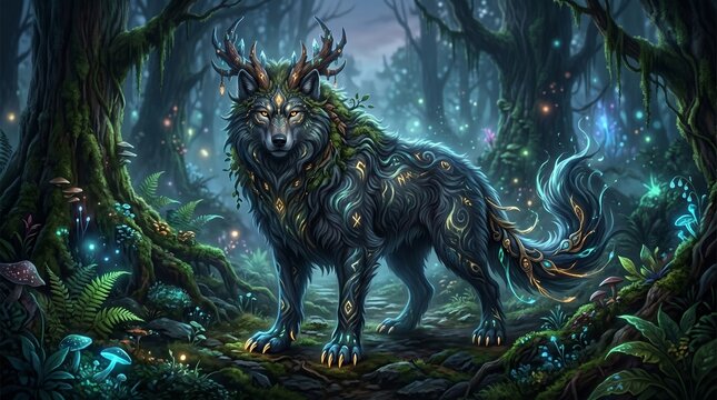 Mythical forest stag with glowing wings standing in woods