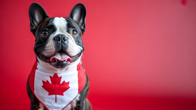 Festive french bulldog celebrating canada's civic holiday with canadian flag bandana