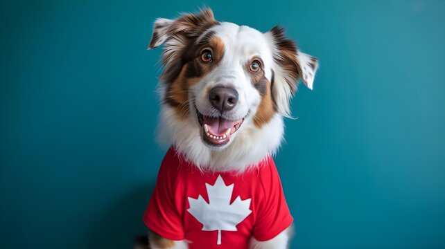 Happy civic holiday adorable australian shepherd dog in canadian maple leaf shirt