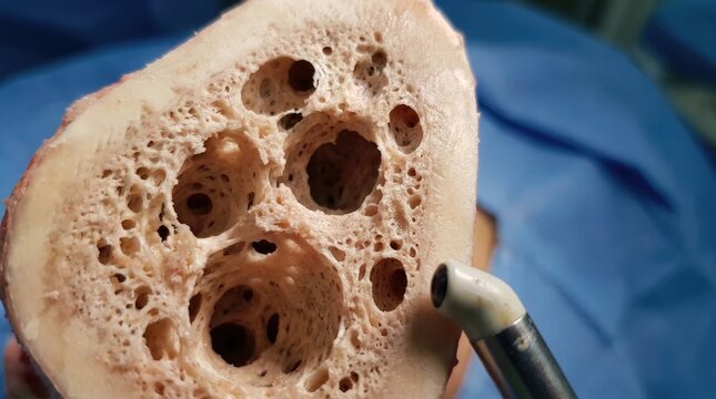 Skeletal health condition: osteoporosis disease, porous bone, trabecular degradation, fragile structure, medical exam, cellular defect, calcium loss, internal fragility.