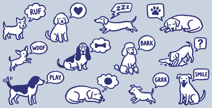 Collection of cute cartoon dogs with speech bubbles showing their thoughts and sounds.