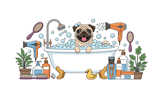 Happy pug dog takes a bubble bath in a white tub surrounded by grooming supplies, hair dryers, brushes, and pet care items.