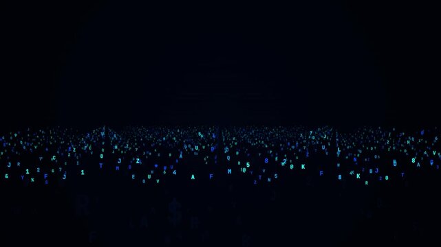 Infinite stream of glowing alphanumeric characters drifting across a vast dark digital horizon space environment