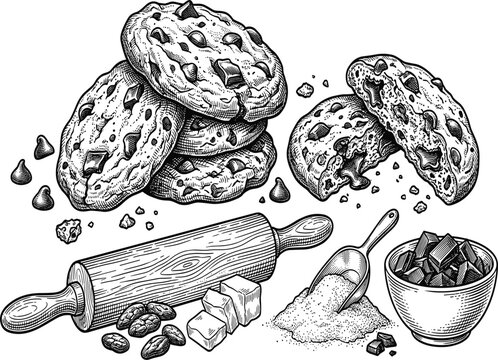 Chocolate chip cookies baking vector illustration, vintage sketch of sweet biscuits rolling pin flour and butter ingredients set