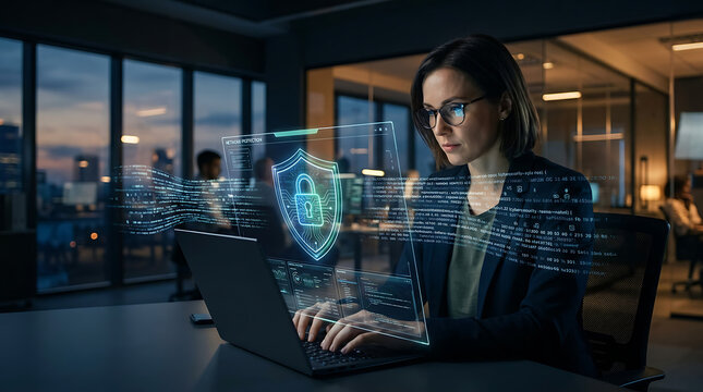 Woman in glasses working on laptop with glowing digital shield and data streams in modern office