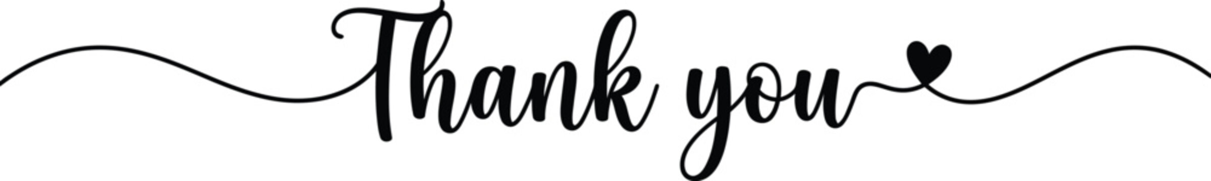Elegant "Thank you" script typography with decorative flourishes and heart