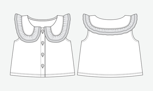 Girls outfits ruffle sleeve button up dress fashion technical flat sketch front and back view editable vector