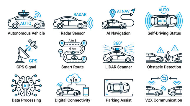 Autonomous Vehicle Technology Icons: AI, GPS, Radar, LiDAR, V2X, Parking Assist