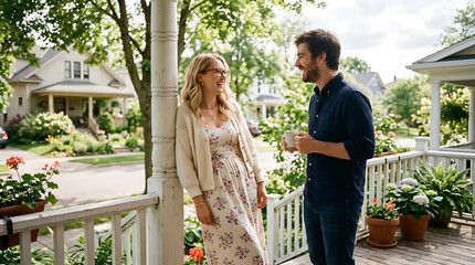 Naklejka premium Happy couple talking and drinking coffee together on a sunny suburban house front porch in the morning