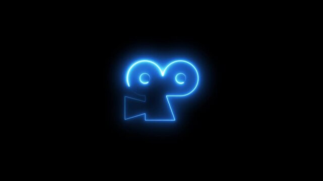 Neon cinema camera glowing blue animation on black background