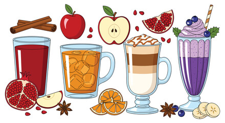 Refreshing assortment of fruity juices, coffee drinks and berry smoothies with fruits and spices on white background. © Masuk Sat