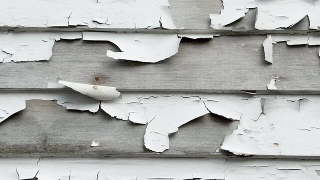 Old paint flakes off weathered wooden siding
