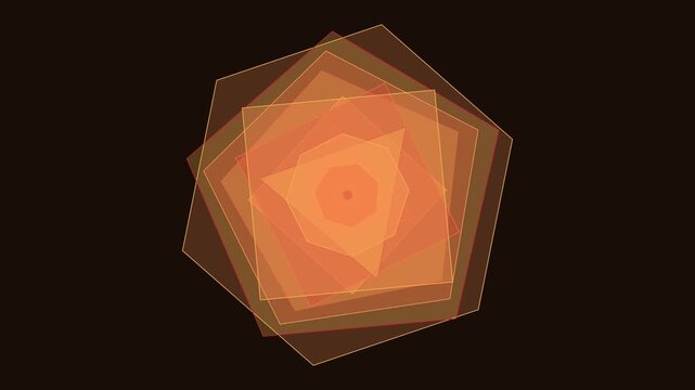 Orange glowing geometric pentagon shapes rotating in sequence across a dark screen for dynamic visual presentation