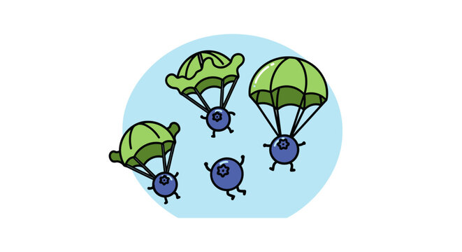 Cute blueberry characters skydiving with broccoli parachutes.