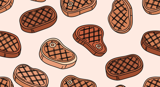 Seamless pattern of juicy grilled meat steaks with cross-hatch grill marks on a pale pink background for barbecue and restaurant themes.