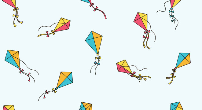 Seamless pattern featuring colorful flying kites with ribbons in blue, pink, and yellow colors against a light blue sky background.