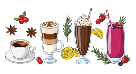 Various hot and cold beverages including coffee latte milkshake and berry smoothie with spices fruit and fresh herbs. © Masuk Sat