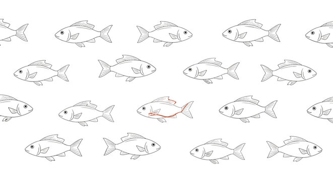 Seamless pattern of various swimming fish line drawings with one highlighted fish in a different style or color.