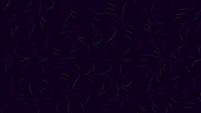 Multicolored curved lines scattered across a dark canvas creating a rhythmic and flowing organic motion pattern