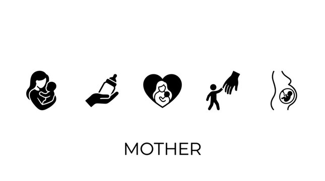 Set of black icons representing motherhood and stages of pregnancy