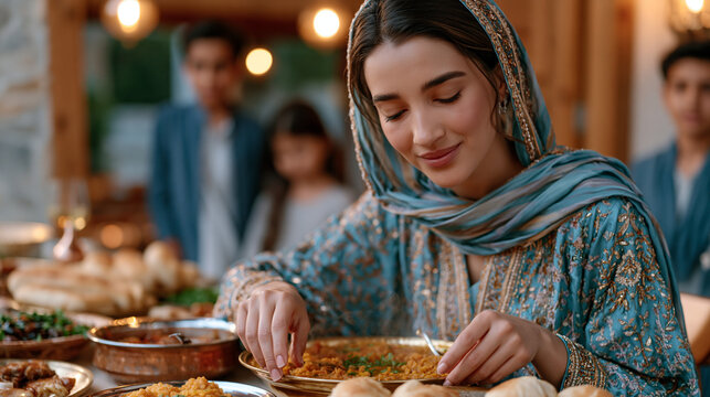 Young Muslim woman in embroidered abaya arranging final iftar dishes on family table with trembling hands just before maghrib adhan sounds as steam rises from lentil soup and younger siblings peer e