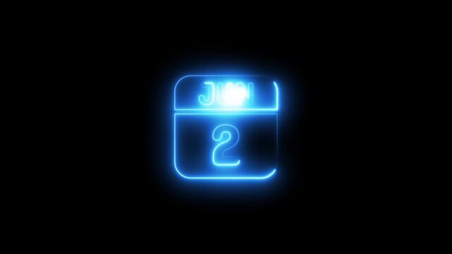 Glowing neon calendar displaying june 2nd date animation