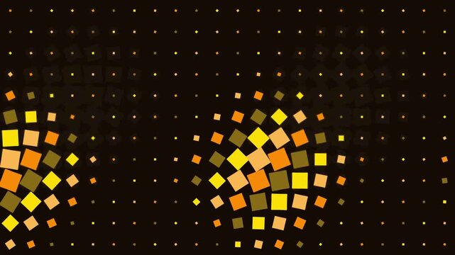 Golden squares arranged in a rhythmic halftone pattern forming dynamic clusters across a dark horizontal plane