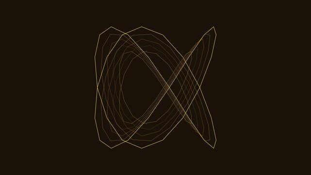 Golden geometric lines forming complex looping patterns that rotate and transform across a dark space environment