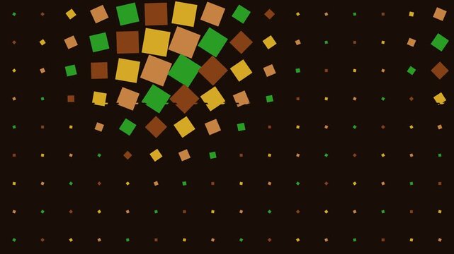 Golden yellow and emerald green squares form rhythmic patterns across a dark horizontal grid layout
